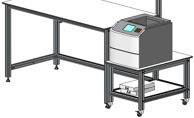 Beistelltisch auf Rollen, Zustelltisch, Anstelltisch, Druckertisch Zustelltisch, Anstelltisch, Druckertisch, rollbar, Logistikplatz, Logistikarbeitsplatz, Versandplatz, Werkbank, Systemplatz, Montageplatz, Modular, Arbeitstisch, Arbeitsstation