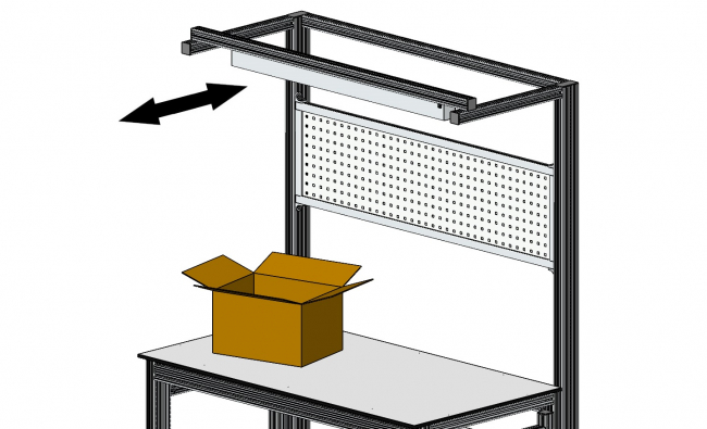 Galgen, Überbau, Systemplatz, Modul ergonomischer Arbeitsplatz, Ergonomie, Gesundheit am Arbeitsplatz, Logistikplatz, Logistikarbeitsplatz, Versandplatz, Werkbank, Systemplatz, Montageplatz, Modular, Arbeitstisch, Arbeitsstation