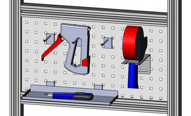 Lochblech, Materialbereitstellung, Werkzeugwand Materialbereitstellung, Werkzeugwand, Flächenelement, Platten, Schreiben, Schutzeinhausung, einfassen, Klemmen, Dichten, Fixieren, Aluprofiltechnik