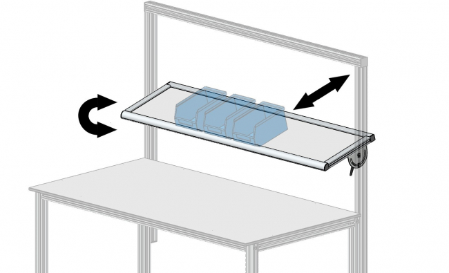 Materialbereitstellungsablage, MBA, Ablage, Schwenkablage MBA, Ablage, Schwenkablage, Erweiterung, ergonomischer Arbeitsplatz, Ergonomie, Gesundheit am Arbeitsplatz, Logistikplatz, Logistikarbeitsplatz, Versandplatz, Werkbank, Systemplatz, Montageplatz, Modular, Arbeitstisch, Arbeitsstation