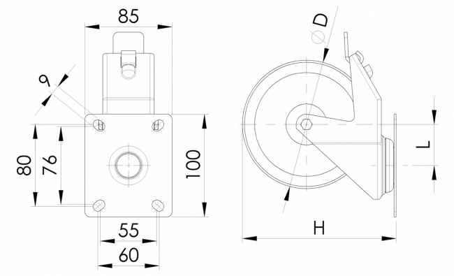 Lenkrolle mit Rückenloch PA, Rad, Reifen, Rolle Lenkrolle, Bockrolle, Feststeller, Rolle, Rückenloch, Rückenplatte, Bodenrollen, Reifen, Transport