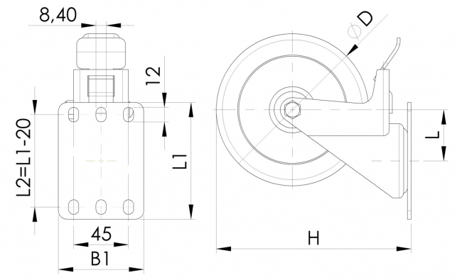 Lenkrolle mit Rückenplatte TPE, Rad, Reifen, Rolle Lenkrolle, Bockrolle, Feststeller, Rolle, Rückenloch, Rückenplatte, Bodenrollen, Reifen, Transport