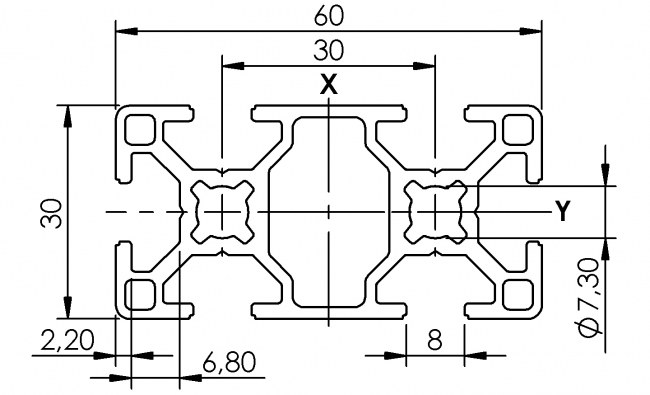 Profil 30 x 60, Profil 30, Profil 60, Profil, Grundprofil, Aluminiumprofil, Systemprofil, Aluprofil, Maschinenbauprofil, Raster 30, Nut 8, Aluprofiltechnik