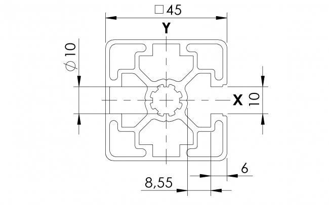 Profil 45 x 45 1N, Profil 45, 1N, Profil, Grundprofil, Aluminiumprofil, Systemprofil, Aluprofil, Maschinenbauprofil, Raster 45, Nut 10, Aluprofiltechnik