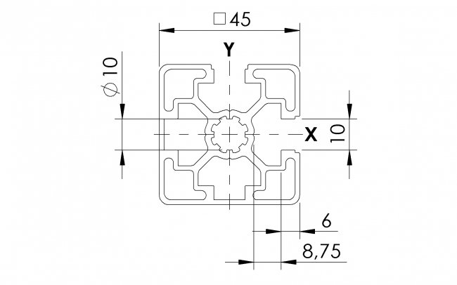 Profil 45 x 45 2N, Profil 45, 2N, Profil, Grundprofil, Aluminiumprofil, Systemprofil, Aluprofil, Maschinenbauprofil, Raster 45, Nut 10, Aluprofiltechnik