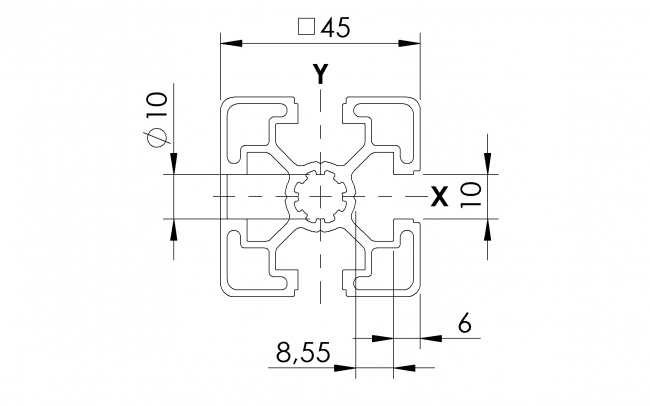 Profil 45 x 45 3N, Profil 45, 3N, Profil, Grundprofil, Aluminiumprofil, Systemprofil, Aluprofil, Maschinenbauprofil, Raster 45, Nut 10, Aluprofiltechnik