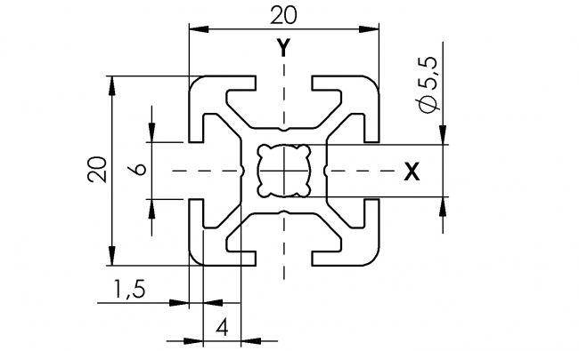 Profil 20 x 20, Profil 20, Profil, Grundprofil, Aluminiumprofil, Systemprofil, Aluprofil, Maschinenbauprofil, Raster 20, Nut 6