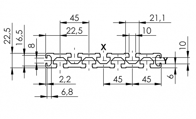Profil 22, 5 x 180, Aluminiumprofil, Systemprofil, Maschinenbauprofil Profil 22, 5 x 180, 5, Profil 180, Profil, Grundprofil, Aluminiumprofil, Systemprofil, Aluprofil, Maschinenbauprofil, Raster 45, Nut 10, Aluprofiltechnik
