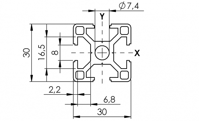 Profil 30 x 30, Aluminiumprofil, Systemprofil, Maschinenbauprofil Profil 30 x 30  Profil 30, Profil, Grundprofil, Aluminiumprofil, Systemprofil, Aluprofil, Maschinenbauprofil, Raster 30, Nut 8, Aluprofiltechnik