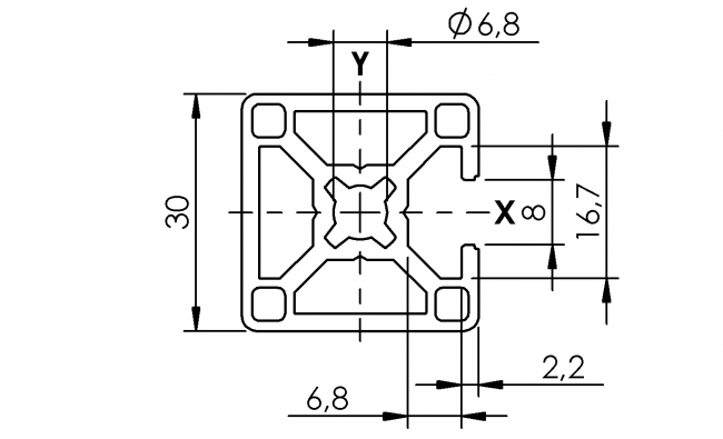 Profil 30 x 30 1N, Profil 30, Profil, Grundprofil, Aluminiumprofil, Systemprofil, Aluprofil, Maschinenbauprofil, Raster 30, Nut 8, Aluprofiltechnik
