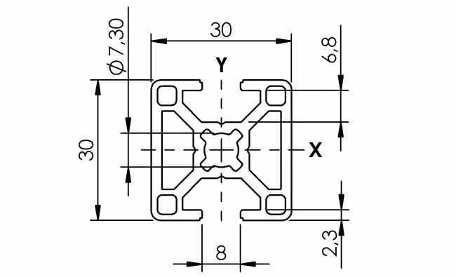 Profil 30 x 30 2N-180 Grad, Profil 30, Profil, Grundprofil, Aluminiumprofil, Systemprofil, Aluprofil, Maschinenbauprofil, Raster 30, Nut 8, Aluprofiltechnik