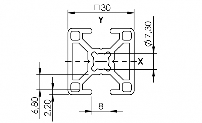 Profil 30 x 30 2N-180 Grad, Aluminiumprofil, Systemprofil, Maschinenbauprofil Profil 30 x 30 2N-180 Grad, Profil 30, Profil, Grundprofil, Aluminiumprofil, Systemprofil, Aluprofil, Maschinenbauprofil, Raster 30, Nut 8, Aluprofiltechnik