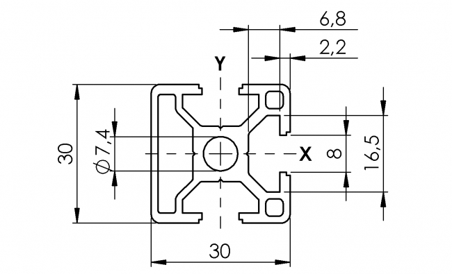 Profil 30 x 30 3N, Aluminiumprofil, Systemprofil, Maschinenbauprofil Profil 30 x 30 3N, 3N, Profil 30, Profil, Grundprofil, Aluminiumprofil, Systemprofil, Aluprofil, Maschinenbauprofil, Raster 30, Nut 8, Aluprofiltechnik
