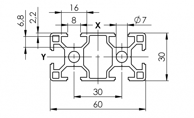 Profil 30 x 60, Aluminiumprofil, Systemprofil, Maschinenbauprofil Profil 30 x 60, Profil 30, Profil 60, Profil, Grundprofil, Aluminiumprofil, Systemprofil, Aluprofil, Maschinenbauprofil, Raster 30, Nut 8, Aluprofiltechnik
