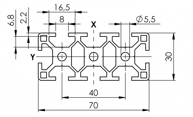 Profil 30 x 70, Aluminiumprofil, Systemprofil, Maschinenbauprofil Profil 30 x 70, Profil 30, Profil 70, Profil, Grundprofil, Aluminiumprofil, Systemprofil, Aluprofil, Maschinenbauprofil, Raster 30, Nut 8, Aluprofiltechnik