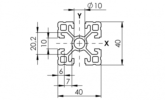 Profil 40 x 40, Aluminiumprofil, Systemprofil, Maschinenbauprofil Profil 40 x 40, Profil 40, Profil, Grundprofil, Aluminiumprofil, Systemprofil, Aluprofil, Maschinenbauprofil, Raster 40, Nut 10, Aluprofiltechnik