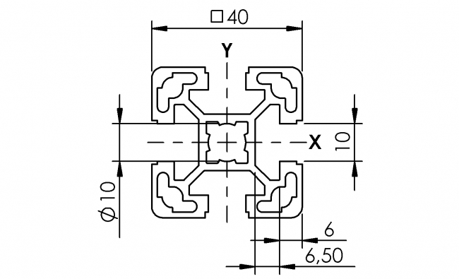 Profil 40 x 40, Profil 40, Profil, Grundprofil, Aluminiumprofil, Systemprofil, Aluprofil, Maschinenbauprofil, Raster 40, Nut 10, Aluprofiltechnik