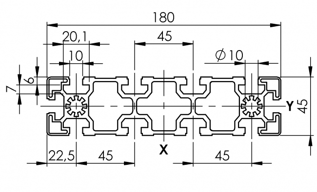 Profil 45 x 180, Aluminiumprofil, Systemprofil, Maschinenbauprofil Profil 45 x 180, Profil 45, Profil 180, Profil, Grundprofil, Aluminiumprofil, Systemprofil, Aluprofil, Maschinenbauprofil, Raster 45, Nut 10, Aluprofiltechnik