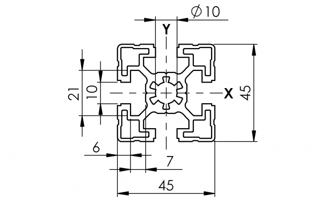 Profil 45 x 45, Aluminiumprofil, Systemprofil, Maschinenbauprofil Profil 45 x 45, Profil 45, Profil, Grundprofil, Aluminiumprofil, Systemprofil, Aluprofil, Maschinenbauprofil, Raster 45, Nut 10, Aluprofiltechnik