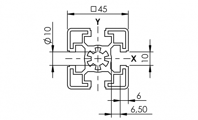 Profil 45 x 45, Profil 45, Profil, Grundprofil, Aluminiumprofil, Systemprofil, Aluprofil, Maschinenbauprofil, Raster 45, Nut 10, Aluprofiltechnik