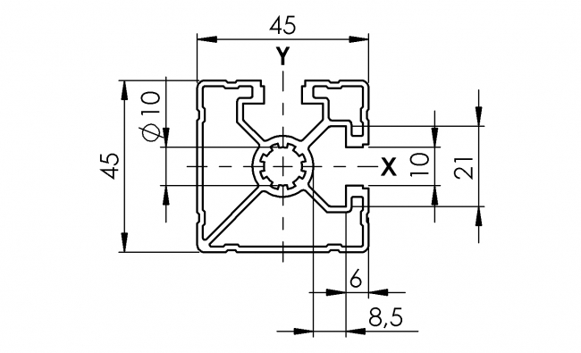 Profil 45 x 45 2N, Aluminiumprofil, Systemprofil, Maschinenbauprofil Profil 45 x 45 2N, Profil 45, 2N, Profil, Grundprofil, Aluminiumprofil, Systemprofil, Aluprofil, Maschinenbauprofil, Raster 45, Nut 10, Aluprofiltechnik