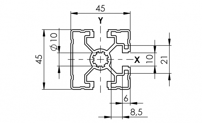 Profil 45 x 45 3N, Aluminiumprofil, Systemprofil, Maschinenbauprofil Profil 45 x 45 3N, Profil 45, 3N, Profil, Grundprofil, Aluminiumprofil, Systemprofil, Aluprofil, Maschinenbauprofil, Raster 45, Nut 10, Aluprofiltechnik
