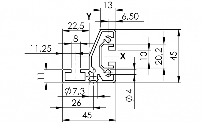 Profil 45 x 45 Führungsprofil, Aluminiumprofil, Systemprofil, Maschinenbauprofil Profil 45 x 45 Führungsprofil, Sonderprofil, Profil 45, Sonderprofil, Profil, Grundprofil