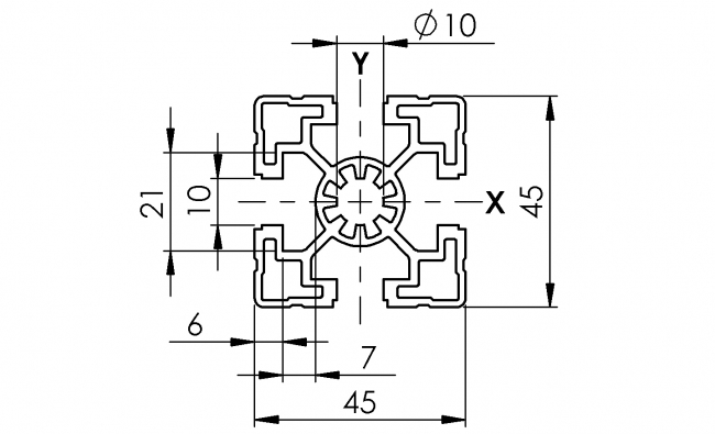 Profil 45 x 45 leicht, Aluminiumprofil, Systemprofil, Maschinenbauprofil Profil 45 x 45 leicht, Profil 45, Profil, Grundprofil, leicht, Aluminiumprofil, Systemprofil, Aluprofil, Maschinenbauprofil, Raster 45, Nut 10, Aluprofiltechnik
