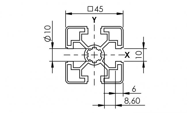 Profil 45 x 45 leicht, Profil 45, Profil, Grundprofil, leicht, Aluminiumprofil, Systemprofil, Aluprofil, Maschinenbauprofil, Raster 45, Nut 10, Aluprofiltechnik
