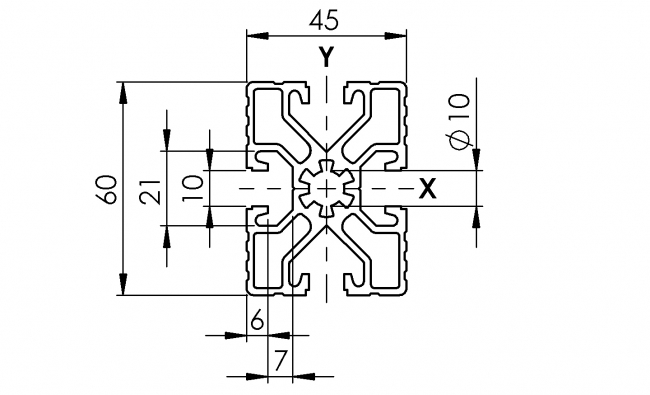 Profil 45 x 60 leicht, Aluminiumprofil, Systemprofil, Maschinenbauprofil Profil 45 x 60 leicht, Profil 45, Profil, Grundprofil, leicht, Aluminiumprofil, Systemprofil, Aluprofil, Maschinenbauprofil, Raster 45, Nut 10, Aluprofiltechnik