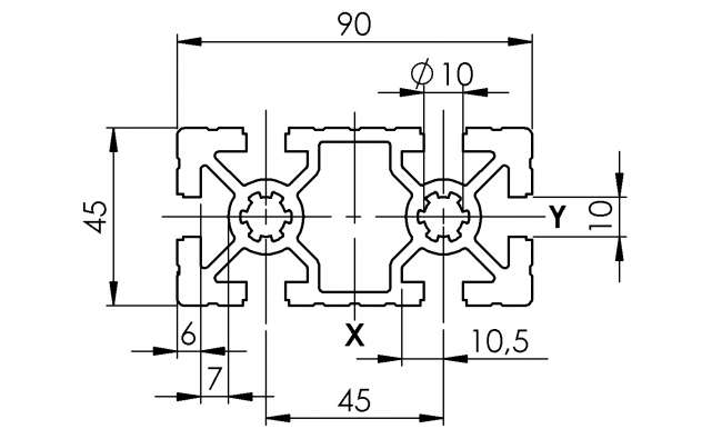 Profil 45 x 90, Profil 45, Profil, Grundprofil, Aluminiumprofil, Systemprofil, Aluprofil, Maschinenbauprofil, Raster 45, Nut 10, Aluprofiltechnik