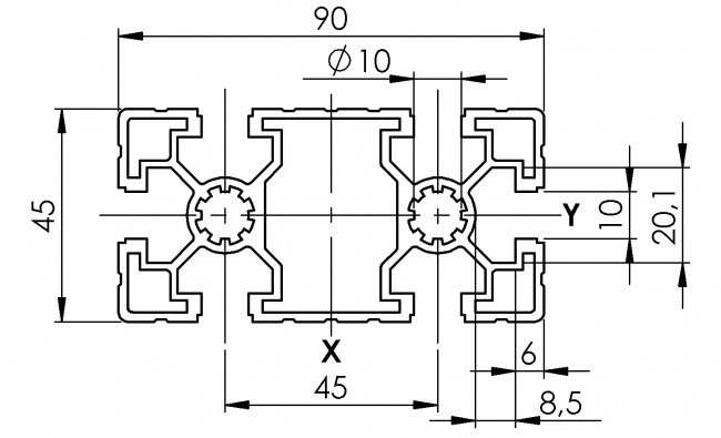 Profil 45 x 90 leicht, Profil 45, leicht, Profil, Grundprofil, Aluminiumprofil, Systemprofil, Aluprofil, Maschinenbauprofil, Raster 45, Nut 10, Aluprofiltechnik