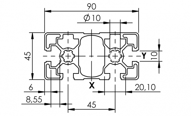 Profil 45 x 90, 4N, Profil 45, Profil, Grundprofil, Aluminiumprofil, Systemprofil, Aluprofil, Maschinenbauprofil, Raster 45, Nut 10, Aluprofiltechnik