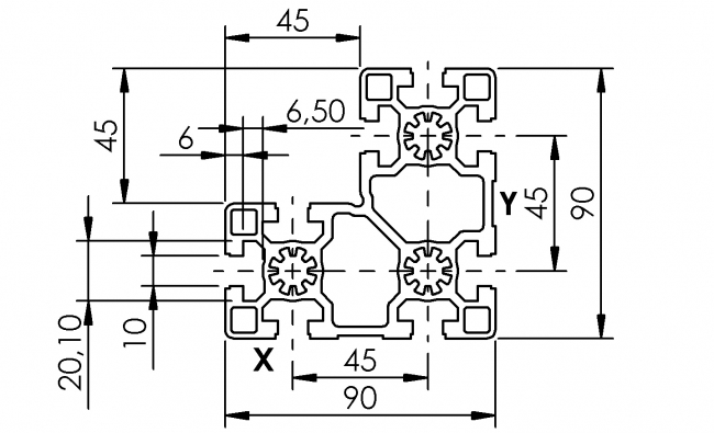 Profil 45 x 90 x 90, Aluminiumprofil, Systemprofil, Maschinenbauprofil Profil 45 x 90 x 90, Profil 45, Profil, Grundprofil, Aluminiumprofil, Systemprofil, Aluprofil, Maschinenbauprofil, Raster 45, Nut 10, Aluprofiltechnik