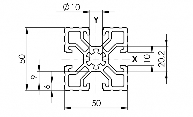Profil 50 x 50, Aluminiumprofil, Systemprofil, Maschinenbauprofil Profil 50 x 50, Profil 50, Profil, Grundprofil, Aluminiumprofil, Systemprofil, Aluprofil, Maschinenbauprofil, Raster 50, Nut 10, Aluprofiltechnik