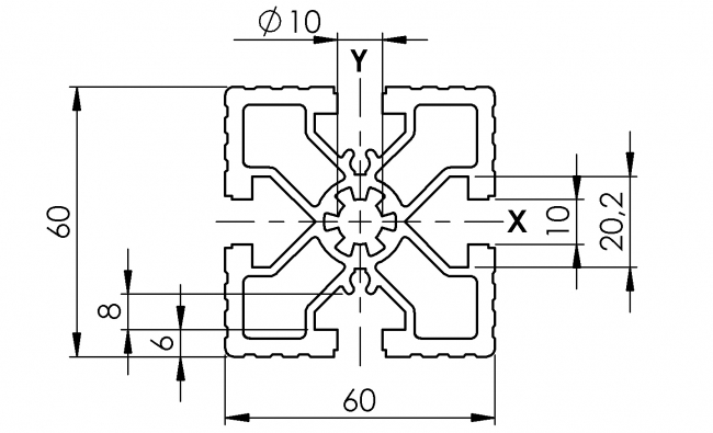 Profil 60 x 60, Profil 60, Profil, Grundprofil, Aluminiumprofil, Systemprofil, Aluprofil, Maschinenbauprofil, Raster 60, Nut 10, Aluprofiltechnik