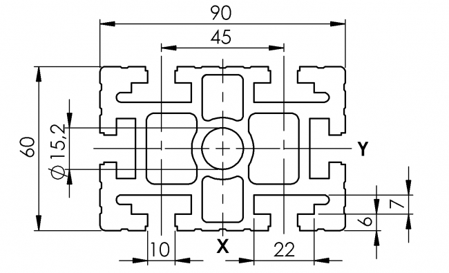 Profil 60 x 90, Aluminiumprofil, Systemprofil, Maschinenbauprofil Profil 60 x 90, Aluminiumprofil, Systemprofil, Aluprofil, Maschinenbauprofil, Raster 45, Raster 60, Nut 10, Aluprofiltechnik