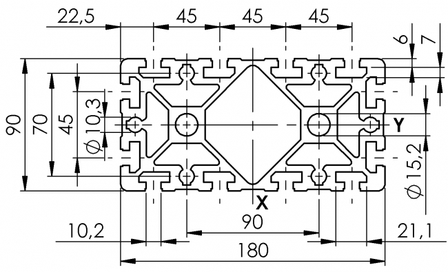 Profil 90 x 180, Aluminiumprofil, Systemprofil, Maschinenbauprofil Profil 90 x 180, Profil 90, Profil, Grundprofil, Aluminiumprofil, Systemprofil, Aluprofil, Maschinenbauprofil, Raster 45, Nut 10, Aluprofiltechnik
