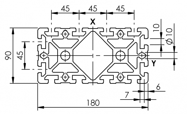Profil 90 x 180, Aluminiumprofil, Systemprofil, Maschinenbauprofil Profil 90 x 180, Profil 90, Profil, Grundprofil, Aluminiumprofil, Systemprofil, Aluprofil, Maschinenbauprofil, Raster 45, Nut 10, Aluprofiltechnik