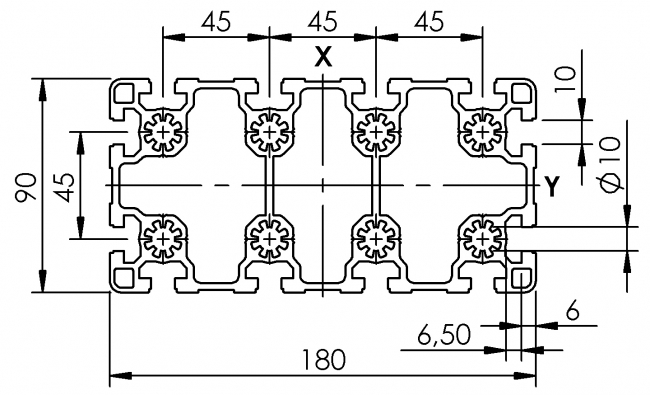 Aluminiumprofil, Systemprofil, Aluprofil, Maschinenbauprofil, Raster 45, Nut 10, Aluprofiltechnik