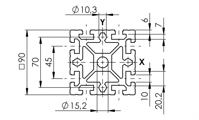 Profil 90 x 90, Aluminiumprofil, Systemprofil, Maschinenbauprofil Profil 90 x 90, Profil 90, Profil, Grundprofil, Aluminiumprofil, Systemprofil, Aluprofil, Maschinenbauprofil, Raster 45, Nut 10, Aluprofiltechnik