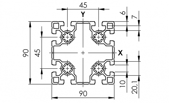 Profil 90 x 90 leicht, Aluminiumprofil, Systemprofil, Maschinenbauprofil Profil 90 x 90 leicht, Profil 90, Profil, leicht, Grundprofil, Aluminiumprofil, Systemprofil, Aluprofil, Maschinenbauprofil, Raster 45, Nut 10, Aluprofiltechnik