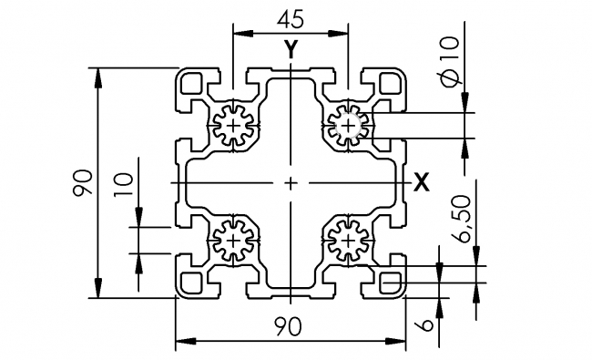 Profil 90 x 90 leicht, Profil 90, Profil, leicht, Grundprofil, Aluminiumprofil, Systemprofil, Aluprofil, Maschinenbauprofil, Raster 45, Nut 10, Aluprofiltechnik