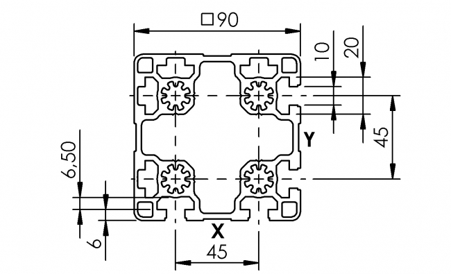 Profil 90 x 90 4N, Aluminiumprofil, Systemprofil, Maschinenbauprofil Profil 90 x 90, Profil 90, 4N, Profil, Grundprofil, Aluminiumprofil, Systemprofil, Aluprofil, Maschinenbauprofil, Raster 45, Nut 10, Aluprofiltechnik