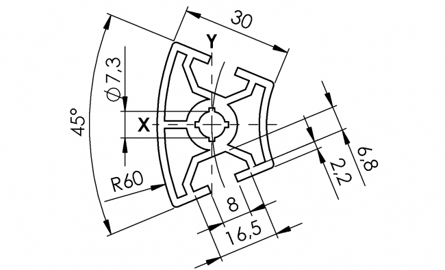 Winkelprofil 30 x 45°, Aluminiumprofil, Systemprofil, Maschinenbauprofil Winkelprofil 30 x 45°, Profil 30, Profil, Grundprofil, Winkel, Winkelprofil